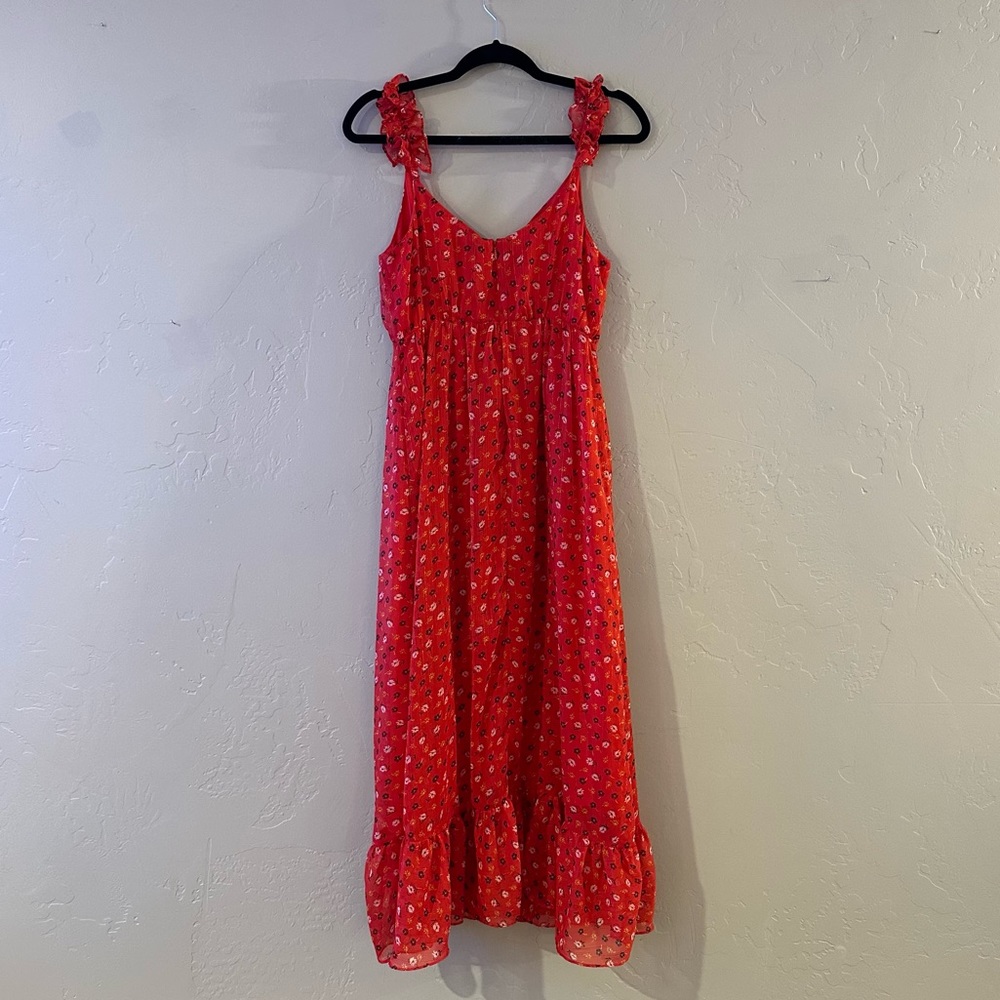 Madewell Ruffle-Strap Wrap Dress Metallic Striped Prairie Posies Red - Picture 12 of 14